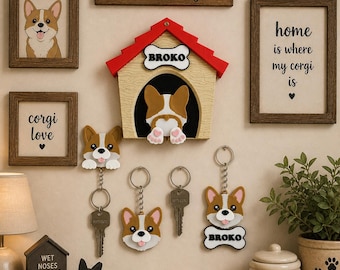 Gepersonaliseerde Corgi-sleutelhangerset met hondenhokdisplay, magnetische bedel, gepersonaliseerd cadeau koosnaampje