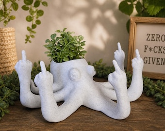 3D Printed Funny Octopus Planter: Middle Finger Nautical Decor - Sarcastic Desk Gift - Two Sizes!