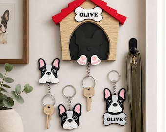 3D Printed Boston Terrier Keychain Set – Magnetic Dog House Display, Pet Memorial Keepsake