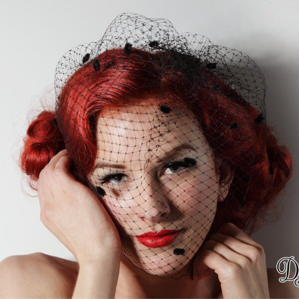 Black Birdcage Veil with Chenille Dots Vintage 1950's 1940's inspired Fascinator