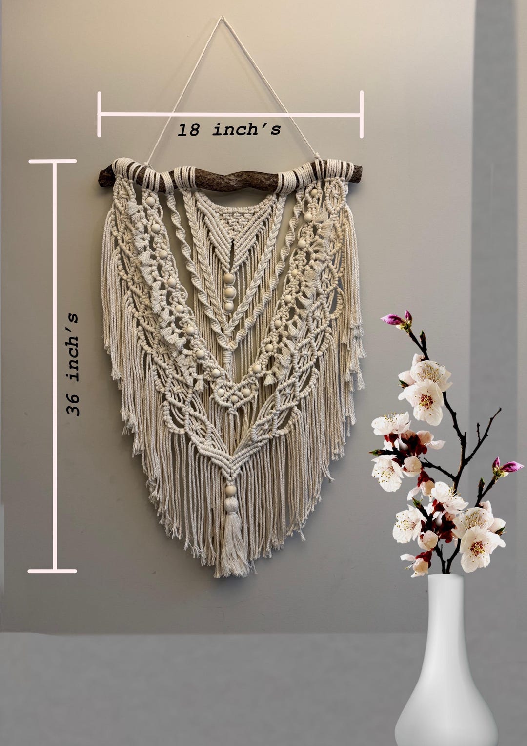 Tree Branch Macrame Handcrafted Macrame Art Natural Tree Branch Base and Cotton Thread Boho ...