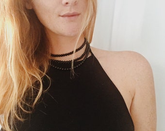 Magnetic Clasp Black Bead Triple Chain Necklace