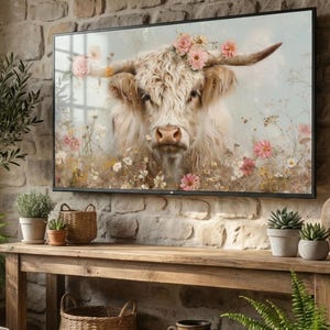 Könnte beinhalten: Gerahmter Kunstdruck einer Highland-Kuh mit rosa Blumen, in einem rustikalen Wohnzimmer. Der Raum verfügt über einen Holztisch, Pflanzen und eine Steinmauer, was eine gemütliche, ländliche Ästhetik schafft.