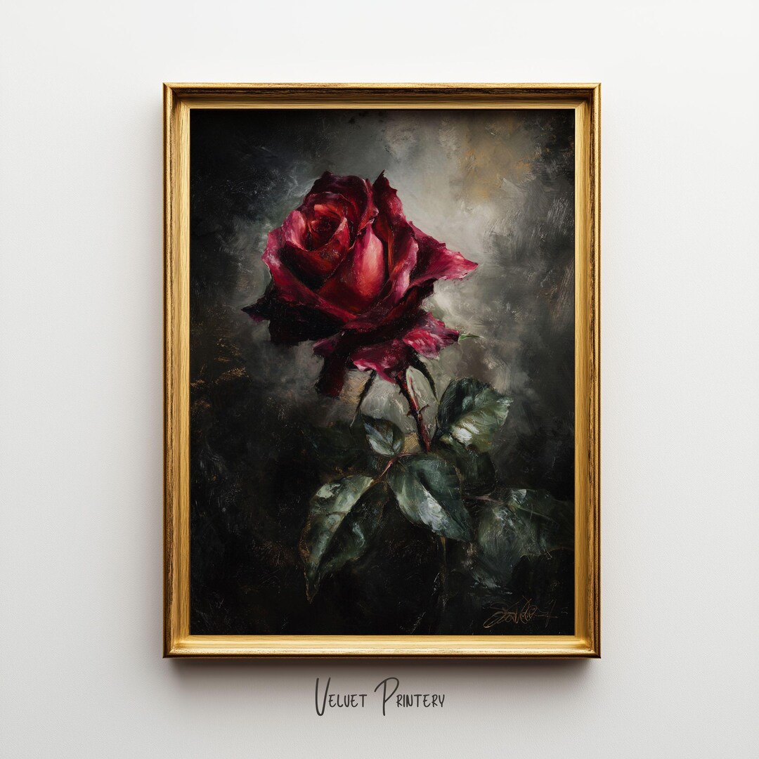 Dark Red Rose Print, Moody Botanical Wall Art, Vintage Style Flower ...