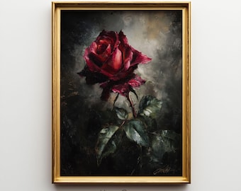 Dark Red Rose Print, Moody Botanical Wall Art, Vintage Style Flower Poster, Dutch Still Life Wall Decor