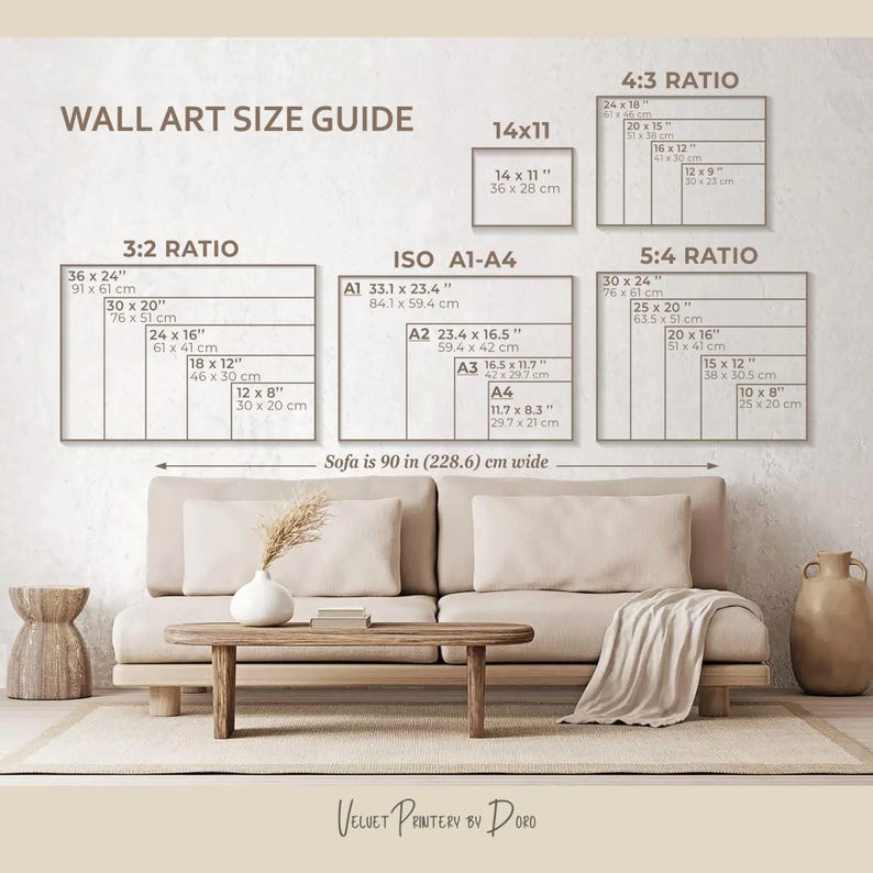 May include: Wall art size guide with dimensions for various ratios, including 3:2, 4:3, 5:4, and ISO A1-A4 sizes. The guide shows measurements in inches and centimeters, with a sofa that is 90 inches wide. The image includes a sofa, coffee table, and decorative items.