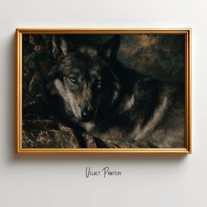 Puede incluir: Pintura enmarcada de un lobo con pelaje oscuro y penetrantes ojos azules. El lobo está tumbado, con la cabeza girada hacia el espectador. El marco dorado y el estilo de la obra le dan un aspecto vintage.