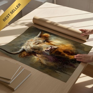 May include: A print of a Highland cow with long, shaggy fur in shades of brown, orange, and white. The artwork is on a table with a rolled-up poster and notebooks. A gold banner in the upper left corner reads "BEST SELLER".