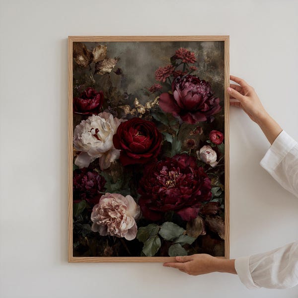 Dark Floral Peony Print, Moody Botanical Wall Art, Vintage Style Flower Poster, Dutch Still Life Wall Decor, Burgundy Peony Printable