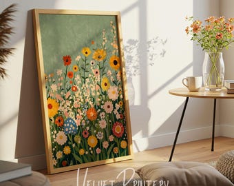 May include: A framed print of a colorful floral illustration with a green background. The flowers are in various shades of red, yellow, orange, pink, and white. The print is in a wooden frame.