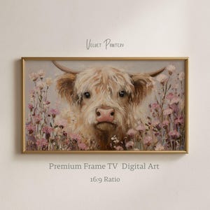 Highland Cow Nursery Frame TV Art – Cute Baby Cow Painting, Soft Neutral Farm Animal Decor, 4K Samsung Frame TV Art