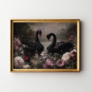 Black Swan Wall Art – Dark Vintage Floral Print, Gothic Romantic Painting, Old World Baroque Decor, Moody Antique Artwork