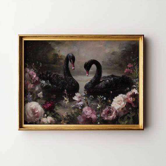 Black Swan Wall Art – Dark Vintage Floral Print, Gothic Romantic Painting, Old World Baroque Decor, Moody Antique Artwork