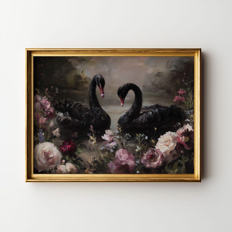Black Swan Wall Art – Dark Vintage Floral Print, Gothic Romantic Painting, Old World Baroque Decor, Moody Antique Artwork