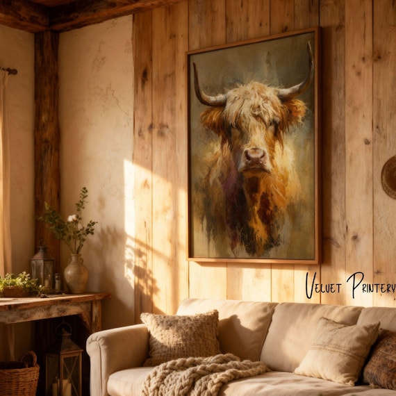 Highland Cow Wall Art Printable – Rustic Farmhouse & Western Decor, Highland Cattle Portrait, Country Home Printable
