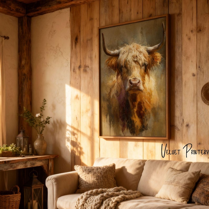 May include: A framed painting of a Highland cow hangs on a wooden wall above a beige sofa. The artwork features the cow's head and shoulders, rendered in warm tones of brown, gold, and tan. The room has a rustic, farmhouse aesthetic.