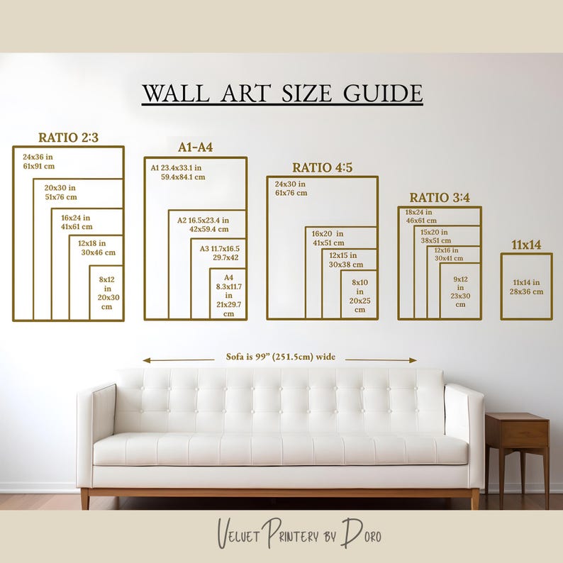 May include: Wall art size guide with various rectangular frame sizes in inches and centimeters. Includes ratios 2:3, 4:5, 3:4, and 11x14, with A1-A4 sizes. A white sofa is below the guide, with the text "Sofa is 99" (251.5cm) wide."