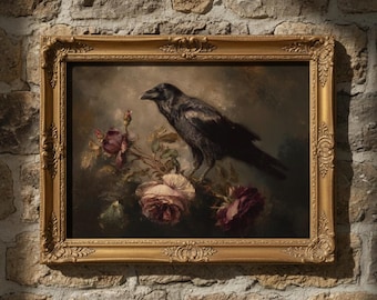 Raven and Roses Wall Art – Dark Academia Crow Printable, Victorian Gothic Floral Art