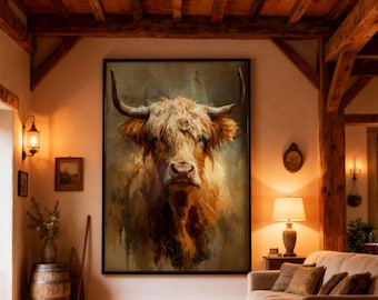Highland Cow Wall Art Printable – Rustic Farmhouse & Western Decor, Highland Cattle Portrait, Country Home Printable
