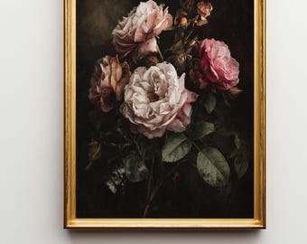Dark Floral Wall Art – Vintage Rose Painting, Baroque Botanical Print, Old Master Style Artwork, Moody Antique Decor