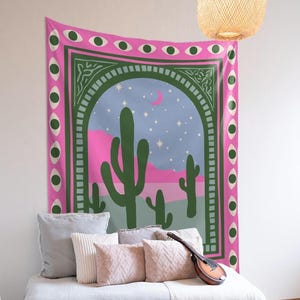 Pink Green Cowgirl Tapestry, Retro Cactus Wall Hanging, Boho Desert Art, Western Wall Decor, Dorm Decor, Bohemian Tapestry, Gift for Her