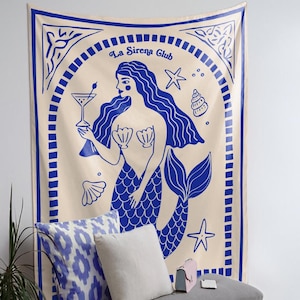 Retro Meerjungfrau Wandbehang, Blau Küsten Wandbehang, La Dolce Vita Decor, wunderliche Wandbehang für Schlafzimmer Wohnheim, Geschenk für Sie