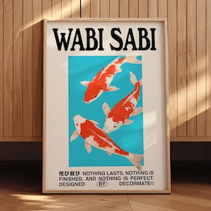 Puede incluir: Impresión artística enmarcada con la palabra "WABI SABI" en negro. La imagen presenta tres carpas koi con patrones rojos y blancos sobre un fondo turquesa. Texto japonés e inglés en la parte inferior.