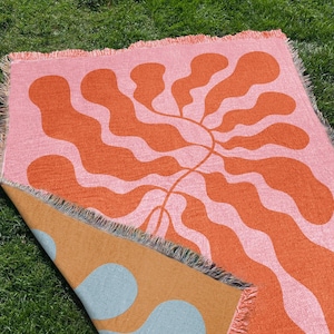 Rosa Orange Matisse Decke, Abstrakter Blatt Sofa gewebter Wurf, Strand Picknick Fransen Decke, moderne botanische Kunst Wandteppich, Boho Dekor