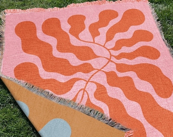 Rosa Orange Matisse Decke, Abstrakter Blatt Sofa gewebter Wurf, Strand Picknick Fransen Decke, moderne botanische Kunst Wandteppich, Boho Dekor
