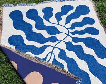 Blue Matisse Woven Throw Blanket, Abstract Leaf Sofa Throw, Modern Botanical Art Tapestry, Beach Picnic Fringed Blanket,Aesthetic Boho Decor