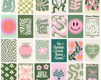 Collage de pared danés en tonos pastel (36 piezas), decoración de habitación preppy verde y rosa, decoración maximalista, dormitorio, impresiones con frases retro estéticas, descarga digital