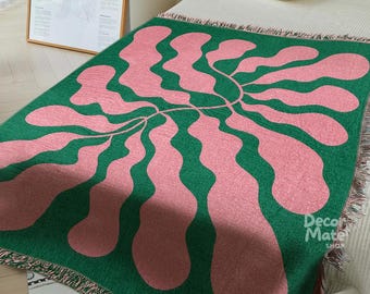 Matisse Style Woven Decke, Grün Rosa Abstraktes Blatt, Boho Decor