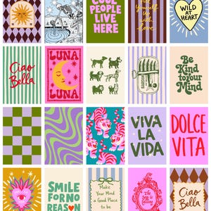 Puede incluir: Una colección de coloridas impresiones artísticas con varios diseños y texto. Las impresiones presentan ilustraciones de un sol, un esqueleto, perros, una lata de sardinas y tigres. El texto incluye "COOL PEOPLE LIVE HERE" y "VIVA LA VIDA".
