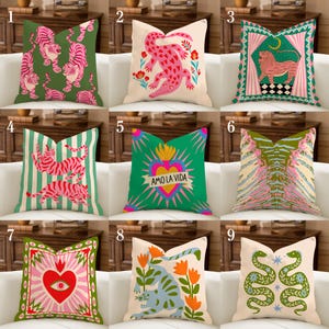 Maximalist Velvet Pillow Cover Collection, Dopamine Decor, Pink Green Eclectic Cushion, Tiger Snake Heart, Modern Folk Art
