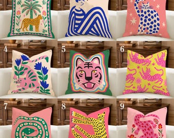Funky Animal Pillow Cover, Colorful Maximalist Throw Pillow, Eclectic Dopamine Decor, Pink Tiger Cheetah Cushion, Whimsical Folk Art Pillow