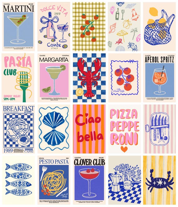20pcs La Dolce Vita Digital Prints 4x6, Dopamine Kitchen Wall Art