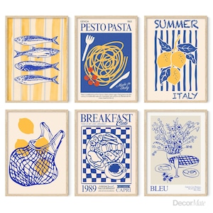 Conjunto de 6 impressões de cozinha La Dolce Vita, arte gastronômica italiana retrô para impressão, decoração costeira, parede de galeria azul e amarela, download instantâneo
