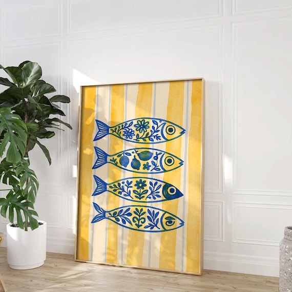 Mediterranean Sardine Wall Art, Blue Fish Coastal Print, Yellow Striped Nautical Decor, Summer Beach House Gift, Physical Print Poster