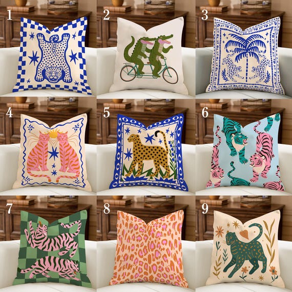 Folk Art Animal Pillow Cover, Eclectic Naïve Art Cushion, Tiger Cheetah Alligator Pillowcase, Maximalist Dopamine Decor,Colorful Sofa Accent