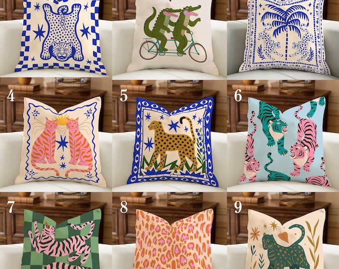 Folk Art Animal Pillow Cover, Eclectic Naïve Art Cushion, Tiger Cheetah Alligator Pillowcase, Maximalist Dopamine Decor,Colorful Sofa Accent