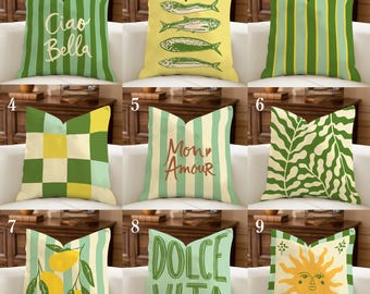 Coastal Italian Summer Pillowcase, Mint Green Yellow Throw Pillow, Mediterranean Home Decor, Lemon Sardine Cushion, Modern Farmhouse Decor