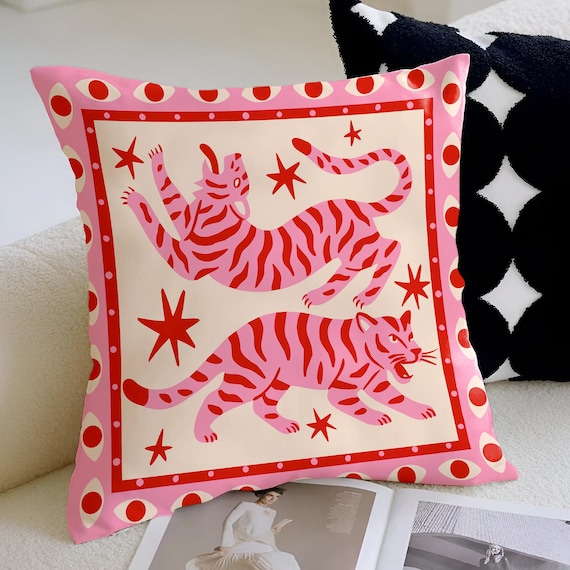 Folk Art Tiger Celestial Pillow Cover, Pink Red Naive Animal Cushion, Maximalist Decor, Pink Green Sofa Pillowcase
