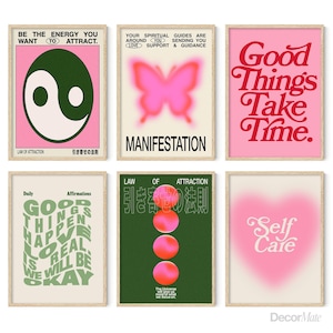 green pink wall art set of 6, manifestation affirmation print, modern trendy art, gradient spiritual wall art, dorm decor, digital download
