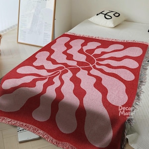 Coperta in tessuto rosso e rosa in stile Matisse, arazzo botanico moderno