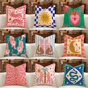 Vibrant Folk Art Pillow Collection, Maximalist Throw Pillow, Groovy Tiger Sun Snake Art, Eclectic Statement Cushion, Mix & Match Pillow Set