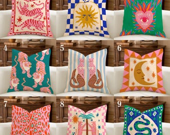 Vibrant Folk Art Pillow Collection, Maximalist Throw Pillow, Groovy Tiger Sun Snake Art, Eclectic Statement Cushion, Mix & Match Pillow Set