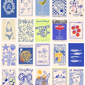Arte de parede La Dolce Vita, 20 peças, estética do verão italiano, impressões de arte de parede retrô, decoração azul costeira, pôsteres de comida e bebida, download digital
