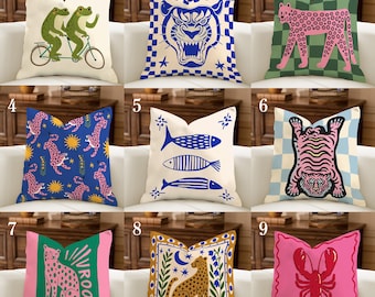 Funky Animal Pillow Cover, Eclectic Folk Art Cushion, Tiger Frog Cheetah Pillow, Maximalist Dopamine Decor, Whimsical Sofa Cushion