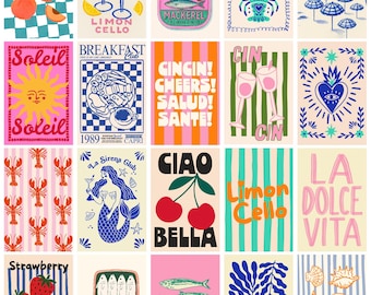 Vibrant Dopamine Decor Wall Art Set 4x6, 20 Pcs Digital Prints, Aesthetic Collage Kit, Italian Summer, Dolce Vita, Retro Food Travel Posters