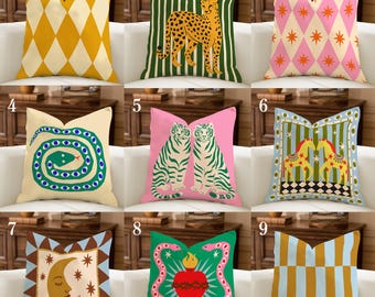 Maximalist Circus Pillow Covers, Eclectic Animal Decor, Whimsical Folk Art Cushion, Earth Tone Harlequin, Tiger Cheetah Celestial Pillowcase